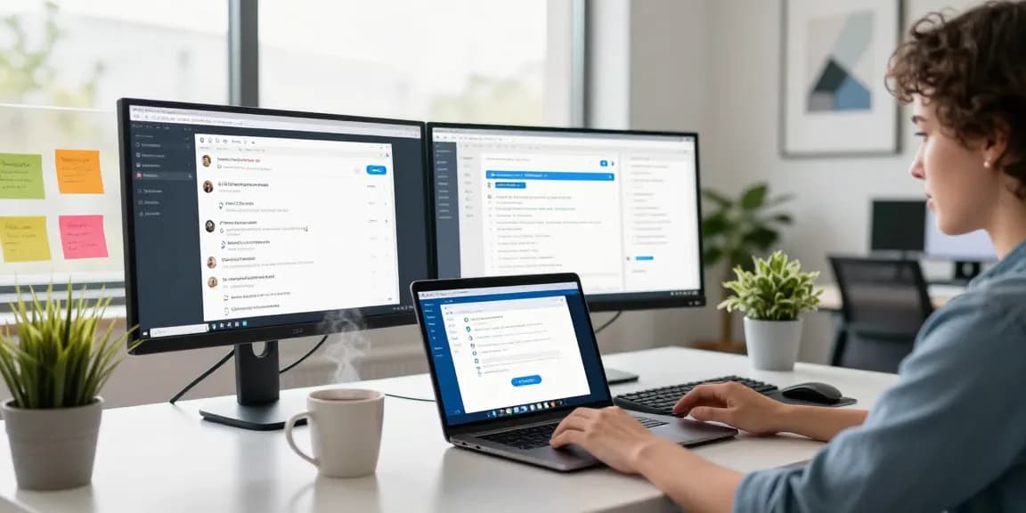 User interacting with the Telegram Web Version on a laptop in a bright modern office.