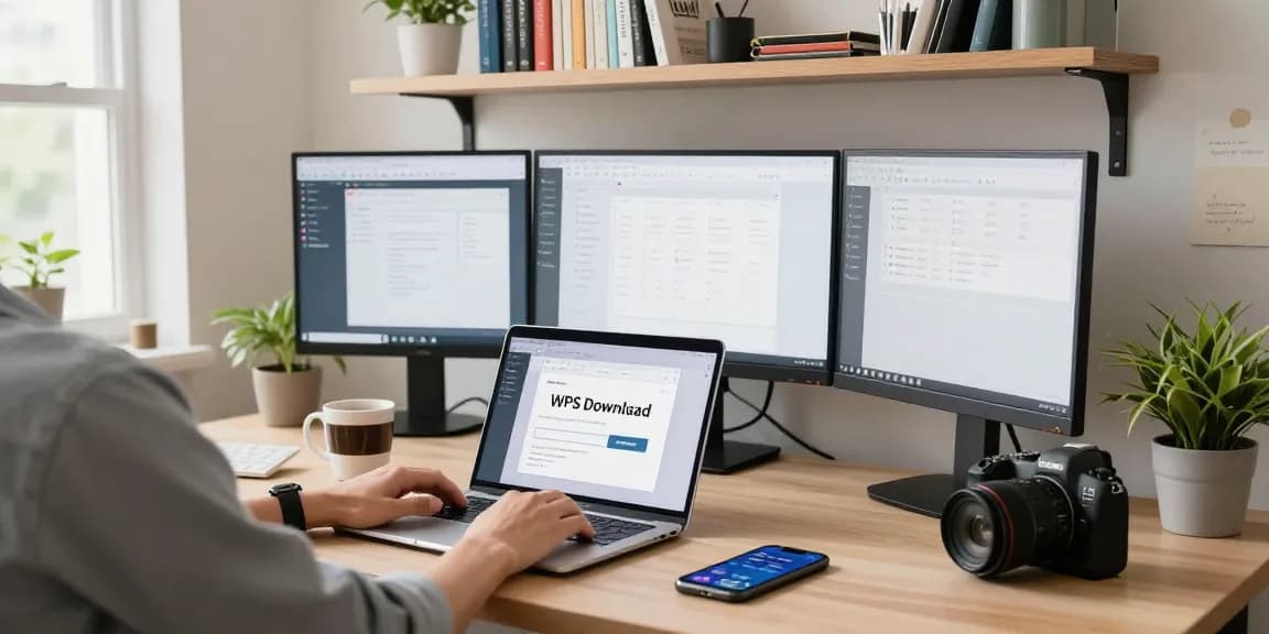 WPS Download scene showing a user preparing to download WPS Office in a modern home office setting.