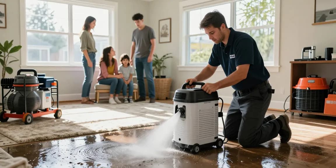 Water Damage Restoration North Vancouver technician using industrial dehumidifier in a flooded home to restore safety and comfort.